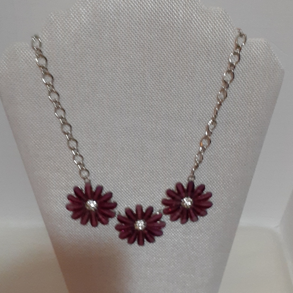 Christopher & Banks Plum Daisy Necklace with Rhinestone Centers - Picture 3 of 5